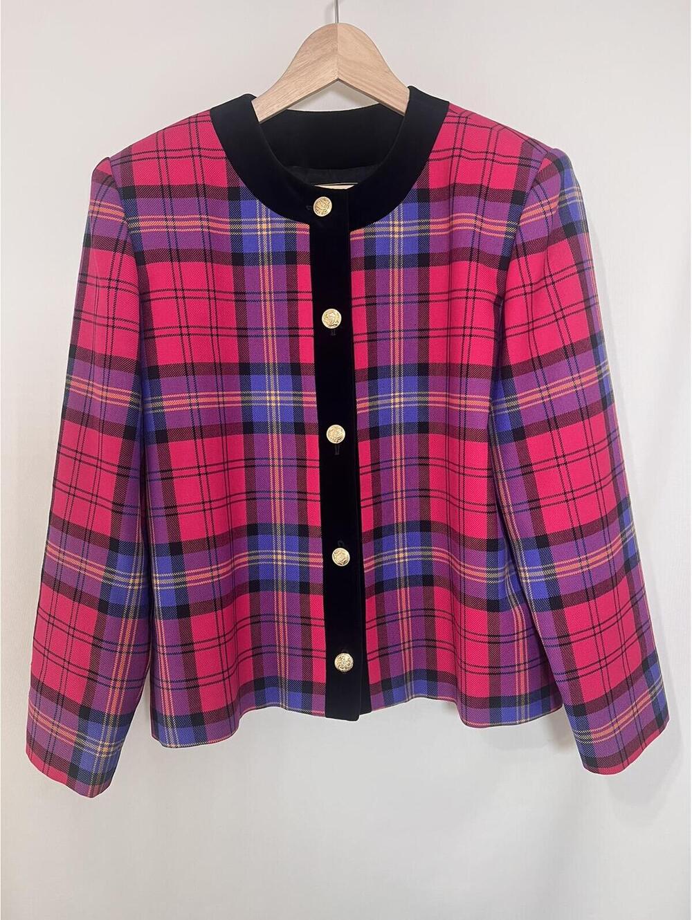 Highland Queen Vintage Plaid Velvet Trim Cropped Blazer Women's Size 12